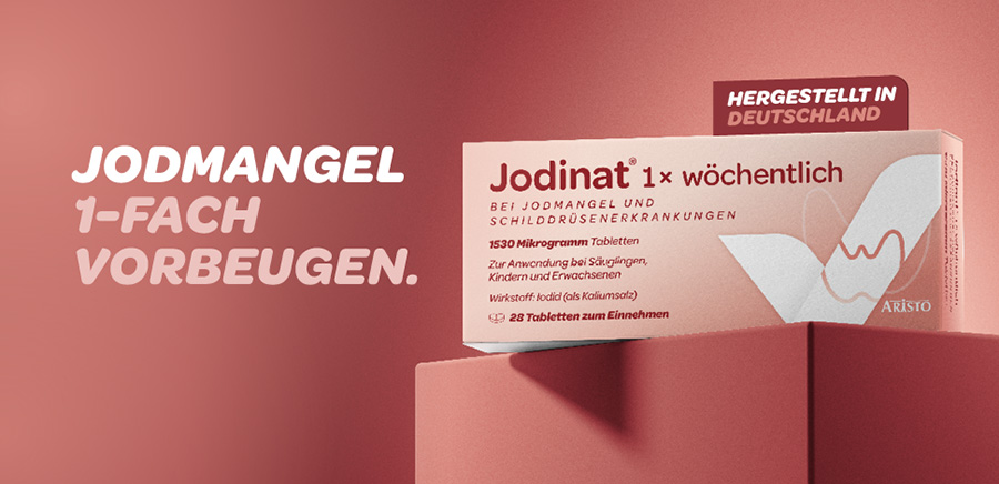 Jodinat® 1x wöchentlich, bei Jodmangel und Schilddrüsenerkrankungen. Hergestellt in Deutschland.