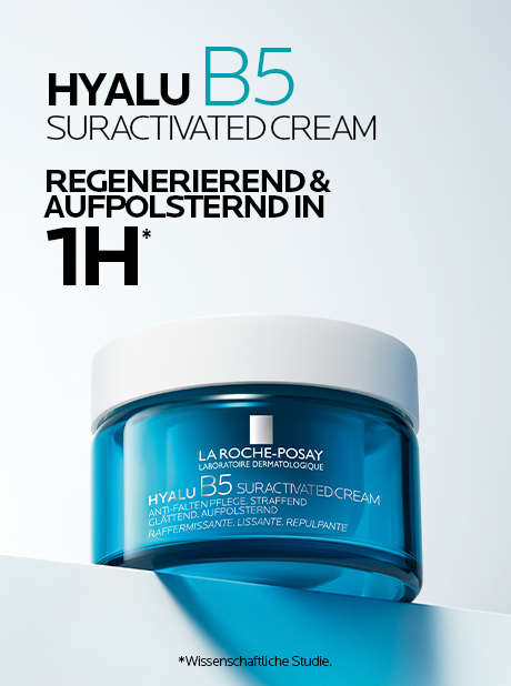Tiegel mit Creme. Text: HYALU B5 SURACTIVATED CREAM. Straffend & glättend. Hyaluronsäure, Vitamin B5.
