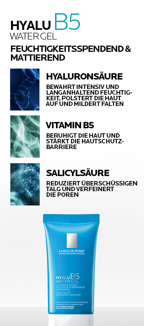 Blaue Tube La Roche-Posay Hyalu B5 Water Gel. Mattierende, feuchtigkeitsspendende Pflege. Produktabbildung.