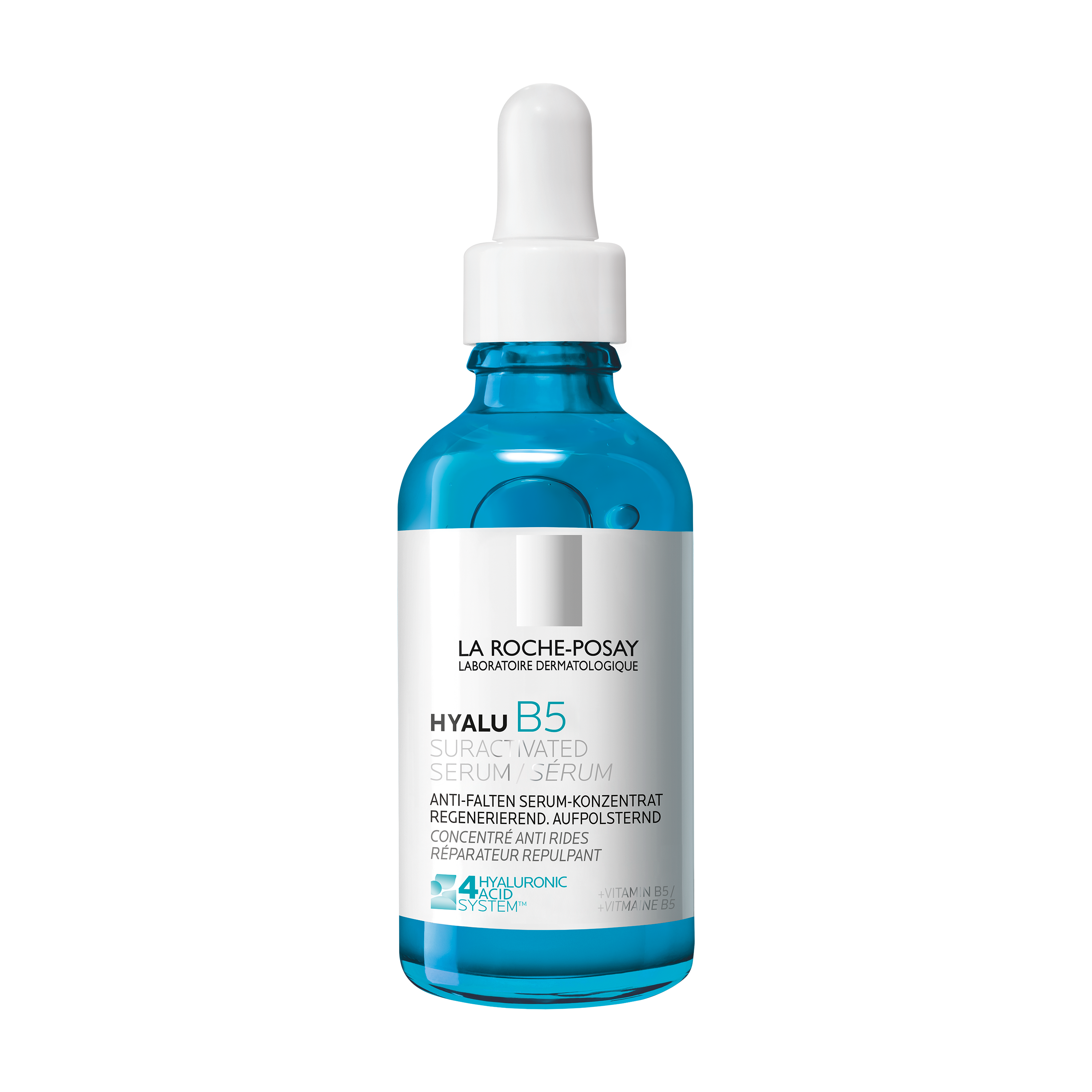 Blaue Flasche Hyalu B5 Serum. Text: 2x mehr Hyaluronsäure. Neue Formel.