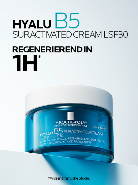Text: Hyalu B5 Suractivated Cream LSF30. Regenerierend in 1H.