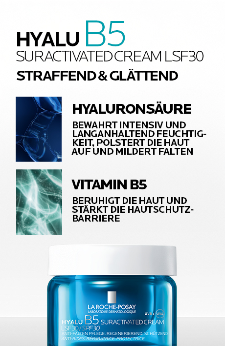 Text: Hyalu B5 Suractivated Cream LSF30. Straffend & glättend. Hyaluronsäure. Vitamin B5.
