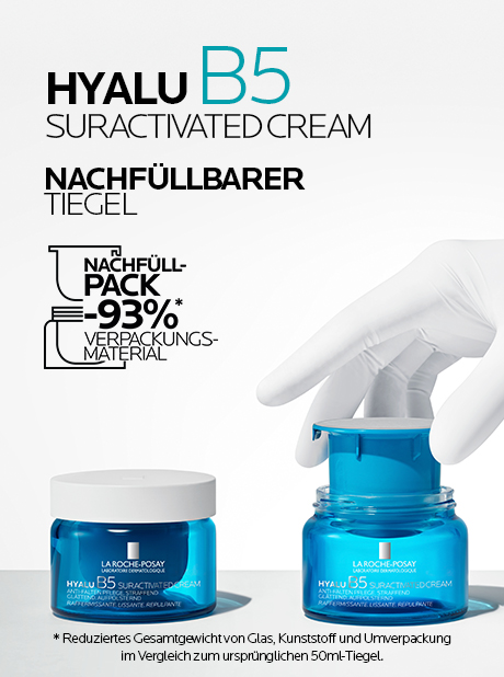 Text: Hyalu B5 Suractivated Cream. Straffend & glättend. Hyaluronsäure, Vitamin B5. Produkt: La Roche-Posay.