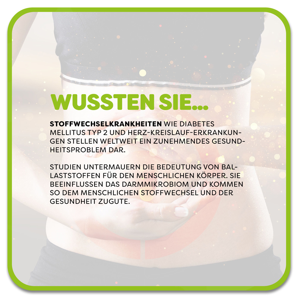 Grafik mit Text. Text: Stoffwechselkrankheiten, Diabetes, Herz-Kreislauf-Erkrankungen. Studien untermauern die Bedeutung von Ballaststoffen.