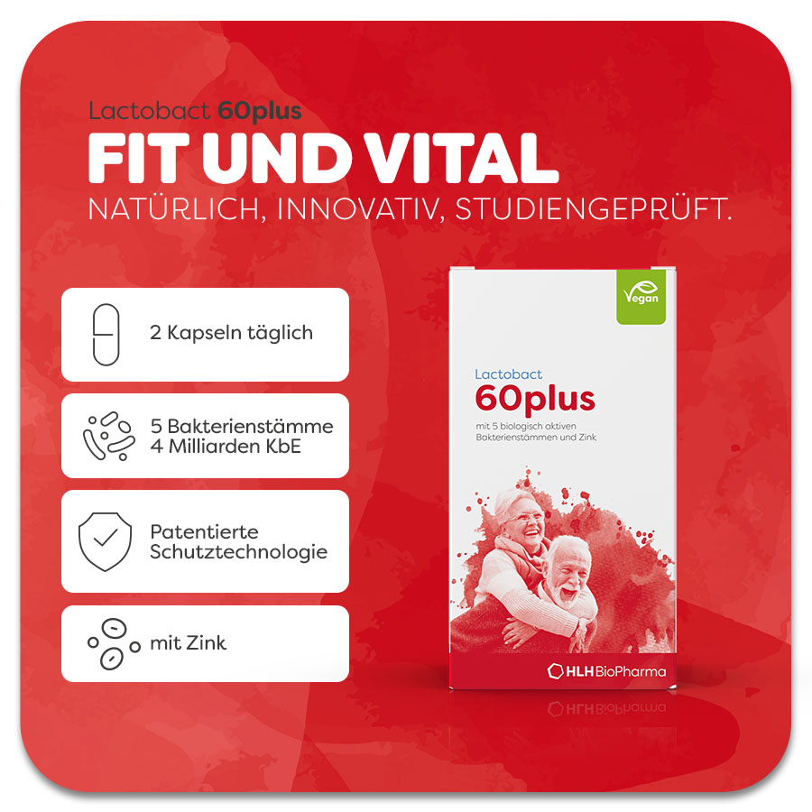 Emballage de Lactobact 60plus. Texte : En forme et en vitalité. 2 gélules par jour. 5 souches de bactéries. Avec du zinc. Label végétalien.
