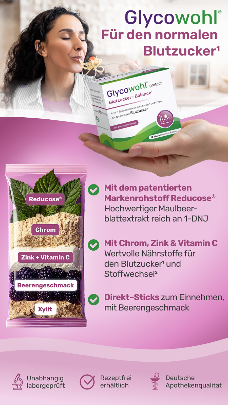 Frau isst Pasta. GLYCOWOHL Blutzucker Balance. Inhaltsstoffe und Vorteile. Direkt-Sticks mit Beerengeschmack.