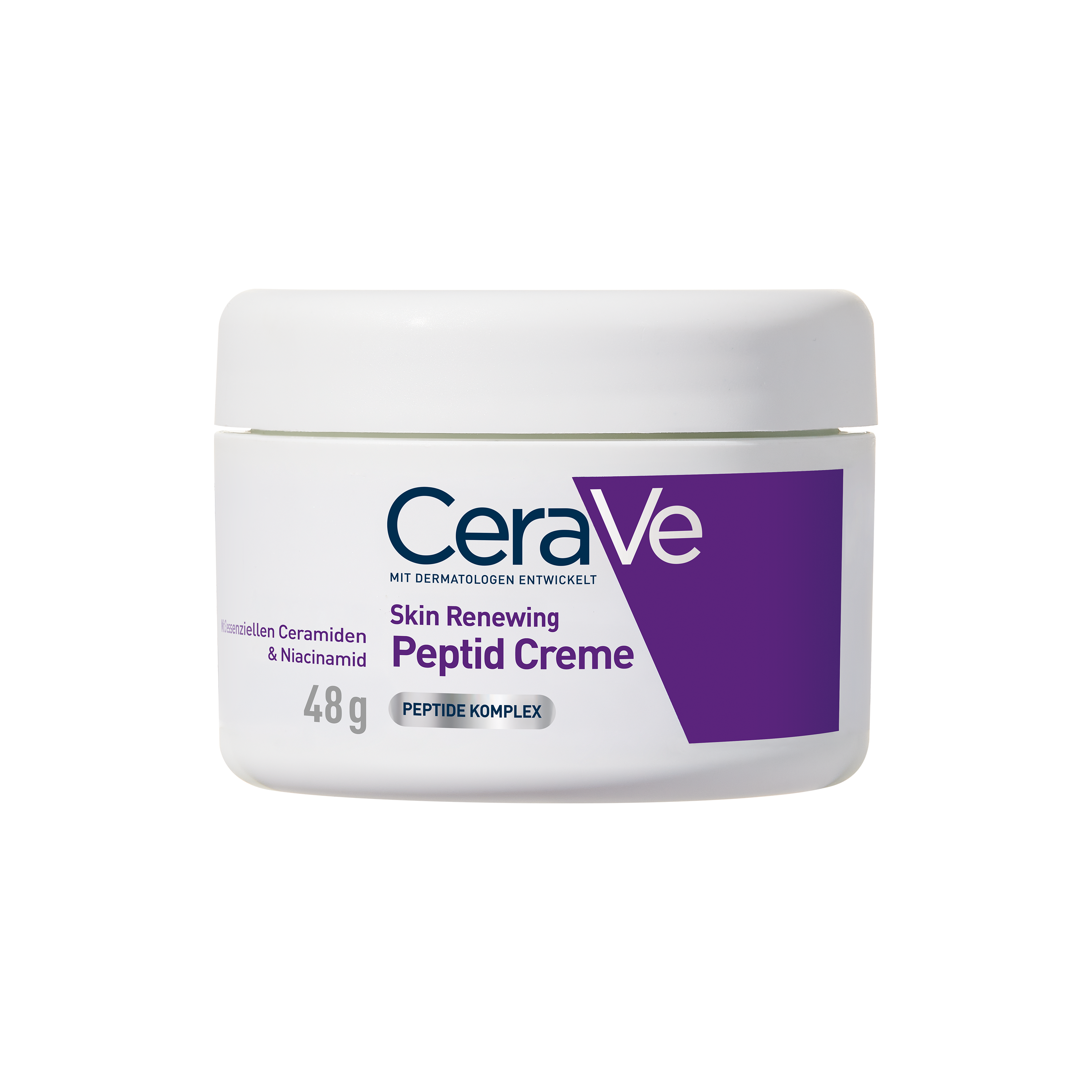CeraVe Peptid Creme Dose, Text: Mit Dermatologen entwickelt. 3 essenzielle Ceramide. Aufgepolsterte Haut in 2 Wochen.