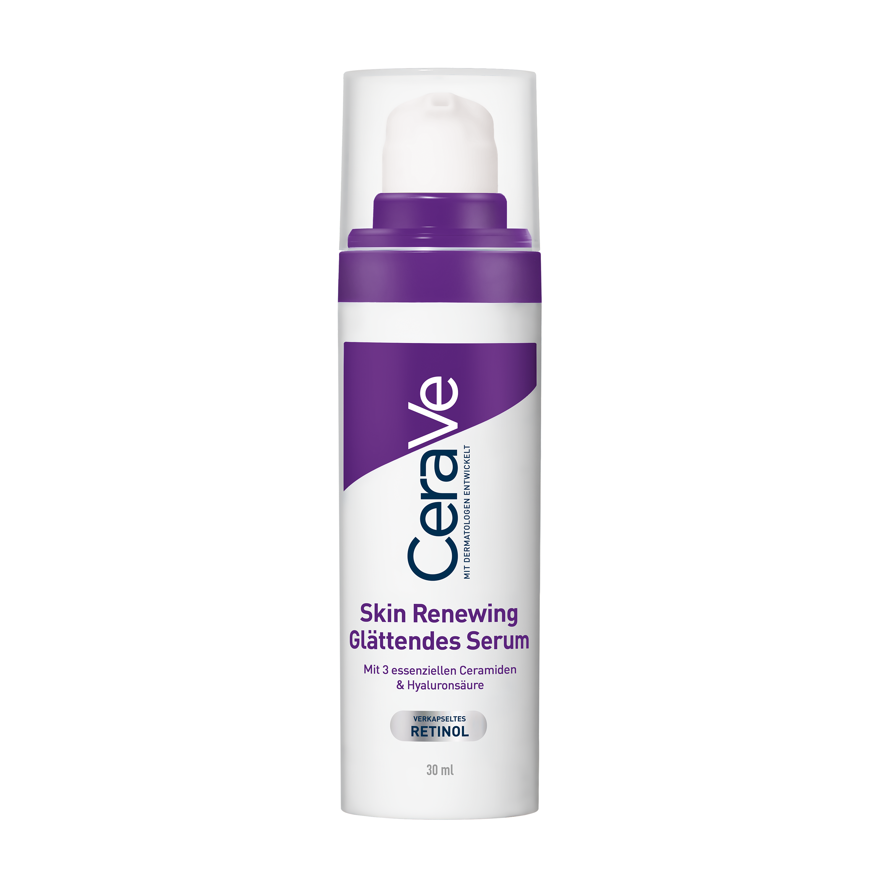CeraVe Skin Renewing Serum. Weiße Flasche mit lila Akzenten. Mit Dermatologen entwickelt.