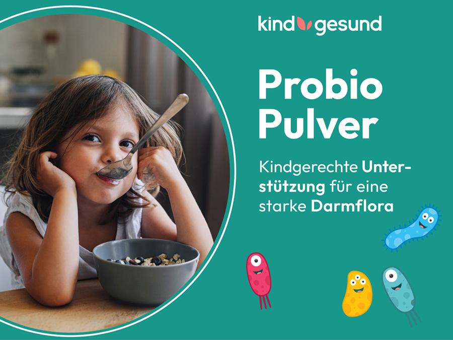 PROBIO Pulver Dose und Pulver. Text: Für die gesunde Entwicklung während der Kita- und Schulzeit.
