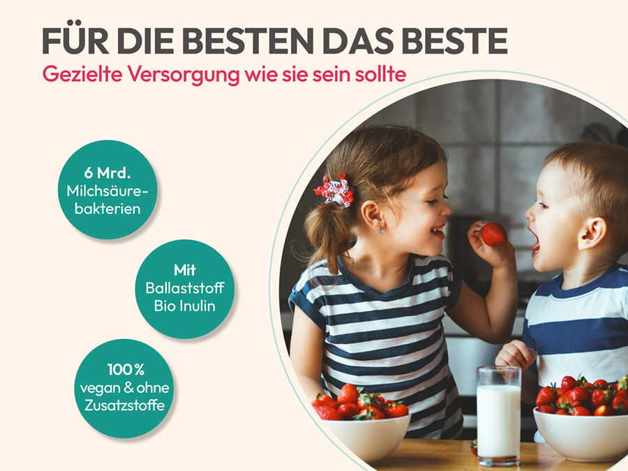Kind isst Müsli. Text: kindgerechte Einnahme, morgens mit Flüssigkeit, ohne Zucker, für 33 Anwendungen.