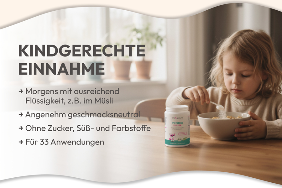 PROBIO Pulver Dose. Text: kindgesund, Probio Pulver, Unterstützung für starke Darmflora.