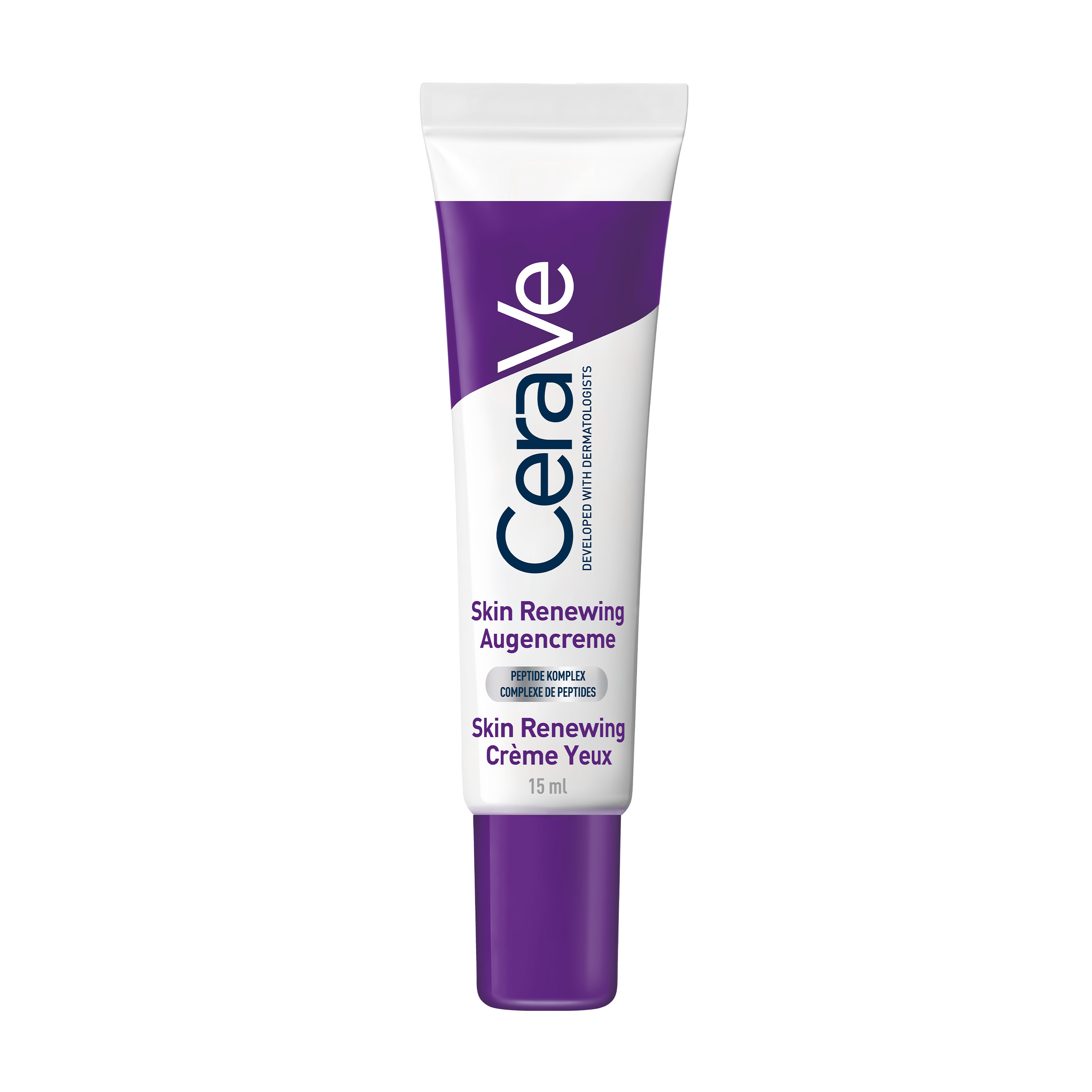 CeraVe Skin Renewing Augencreme. Tube in Hand. 80% der Anwender:innen berichten von strahlenderer Augenpartie.
