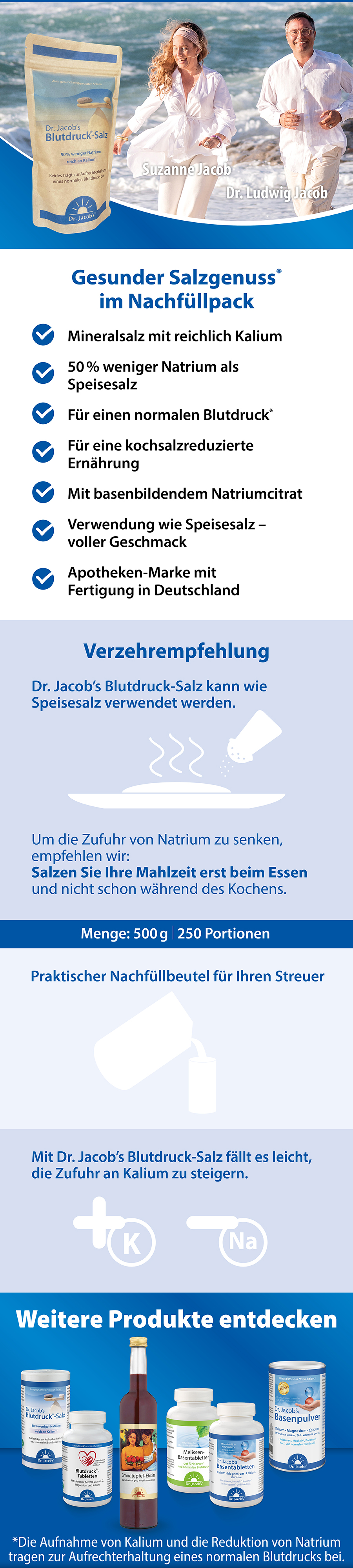 Infografik mit Dr. Jacob's Blutdruck-Salz. Vorteile: Mineraliensalz, weniger Natrium, für Blutdruck, Ernährung, Geschmack.