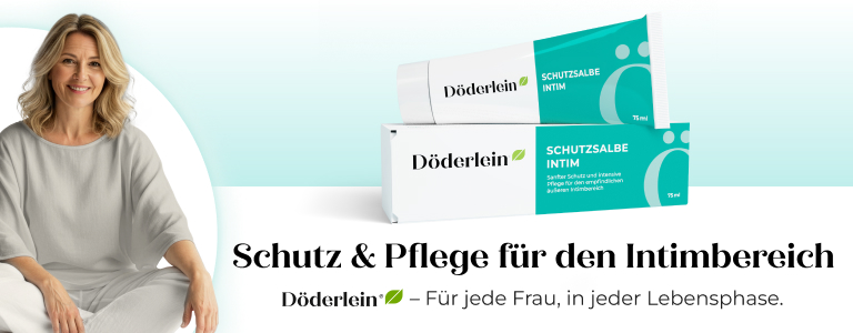 Frau sitzt. Döderlein Schutzsalbe Intim und Verpackung. Text: Schutz & Pflege für den Intimbereich.