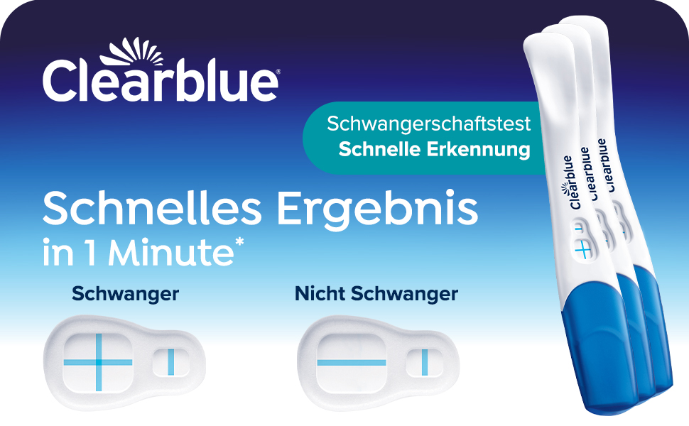 Clearblue Schwangerschaftstest. Schnelles Ergebnis in 1 Minute. Schwanger und Nicht Schwanger Ergebnisse dargestellt.