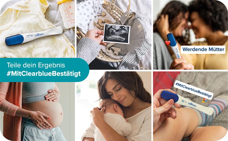 Collage von Bildern mit Clearblue Schwangerschaftstests. Schwangere Frauen und Babys. Text: Teile dein Ergebnis.