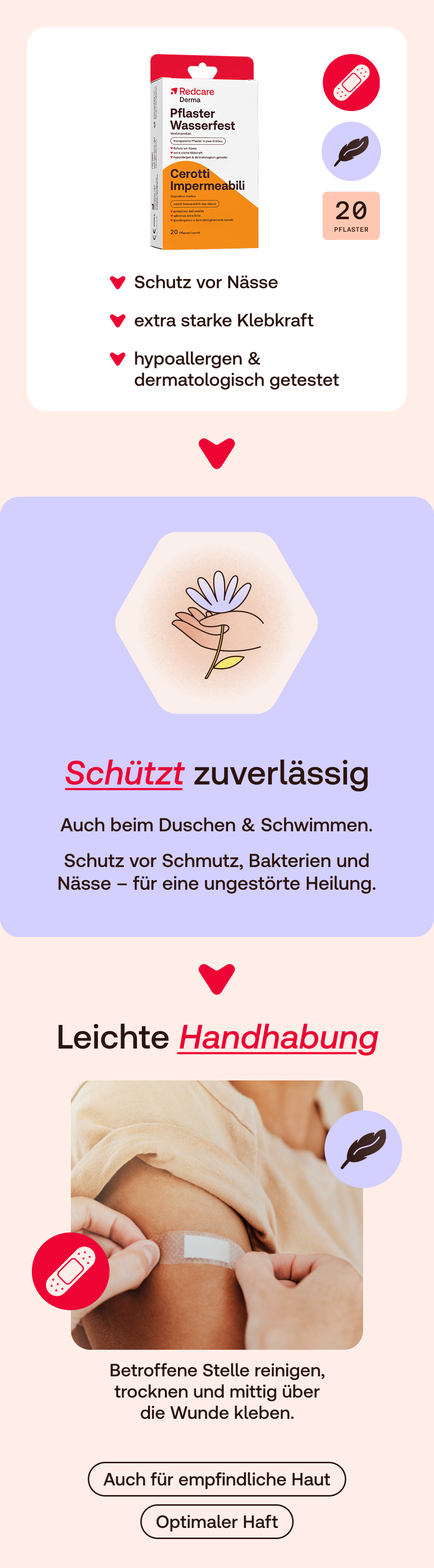 Infografik: Redcare Derma Pflaster. Schützt zuverlässig. Einfache Handhabung. Für empfindliche Haut.
