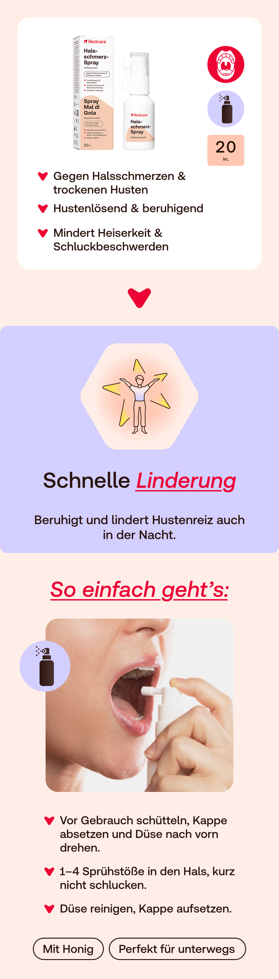 Grafik mit Produktabbildung, Icons und Text. Deutscher Text: Schnelle Linderung, beruhigt Husten.