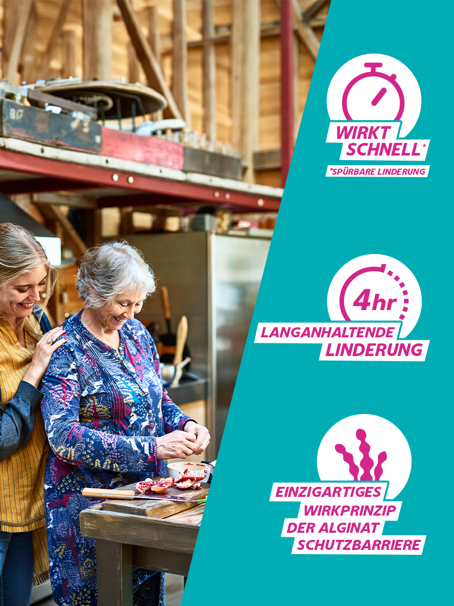 Gaviscon Dual: Zwei Frauen bei der Zubereitung von Speisen, mit Symbolen für schnelle und langanhaltende Linderung.