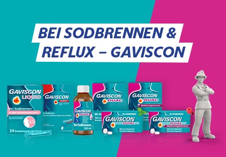 Gaviscon: Verschiedene Gaviscon Produkte (Kautabletten, Liquid) und ein Feuerwehrmann-Symbol.