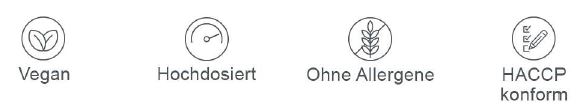 Symbole: Vegan, Hochdosiert, Ohne Allergene, HACCP konform.