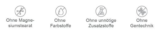 Symbole: Ohne Magnesiumstearat, Farbstoffe, unnötige Zusatzstoffe, Gentechnik.