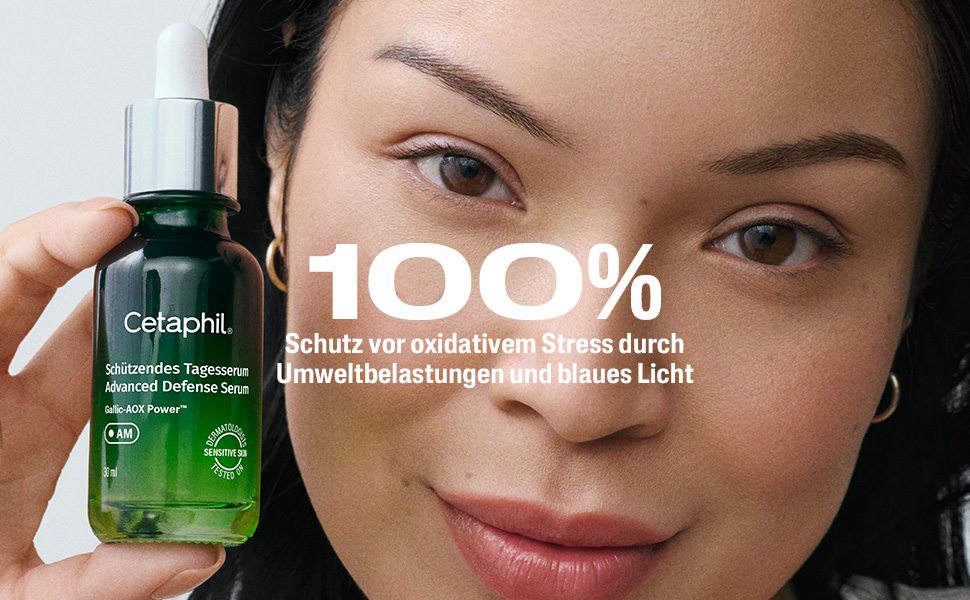 Frau mit Produkt. Text: 100% Schutz vor oxidativem Stress durch Umweltbelastungen und blaues Licht.