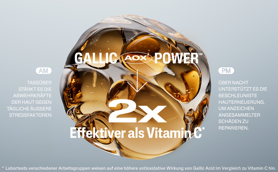 Nahaufnahme von Flüssigkeit. Text: Gallic-AOX Power, 2x effektiver als Vitamin C. AM/PM.