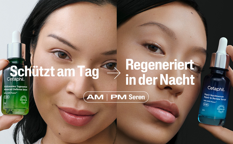 Zwei Frauen mit Produkten. Text: Schützt am Tag, regeneriert in der Nacht. AM/PM Seren. Cetaphil®.