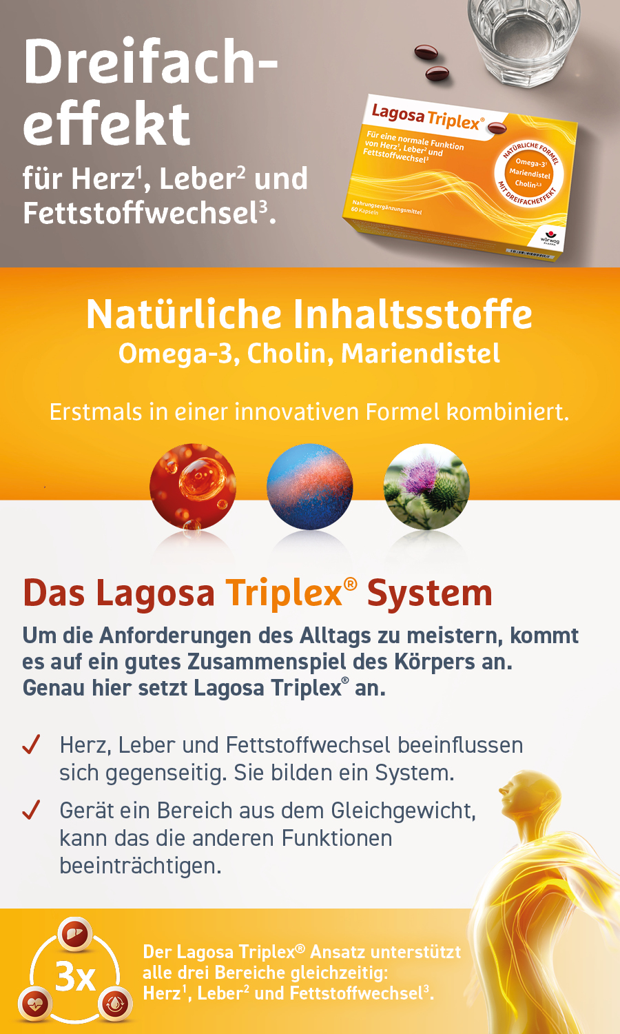 Text und Lagosa Triplex® Packung. Text: Dreifacheffekt für Herz, Leber und Fettstoffwechsel. Natürliche Inhaltsstoffe.