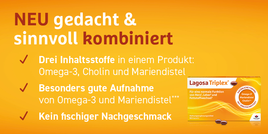 Text und Lagosa Triplex® Packung. Text: Neu gedacht & sinnvoll kombiniert. Drei Inhaltsstoffe in einem Produkt.