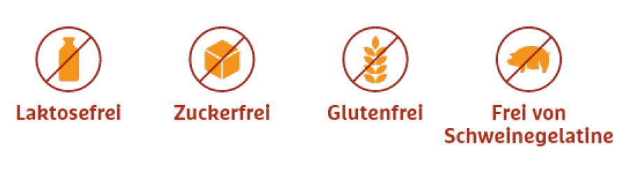 Symbole: Laktosefrei, zuckerfrei, glutenfrei, frei von Schweinegelatine.
