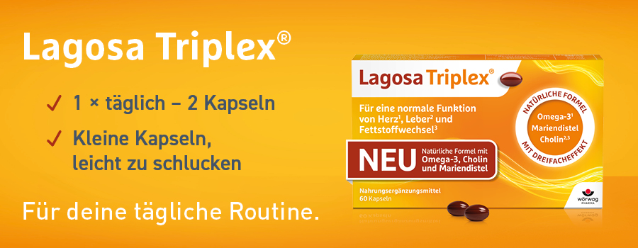 Lagosa Triplex® Packung. Text: 1 x täglich - 2 Kapseln. Kleine Kapseln, leicht zu schlucken. Für deine tägliche Routine.