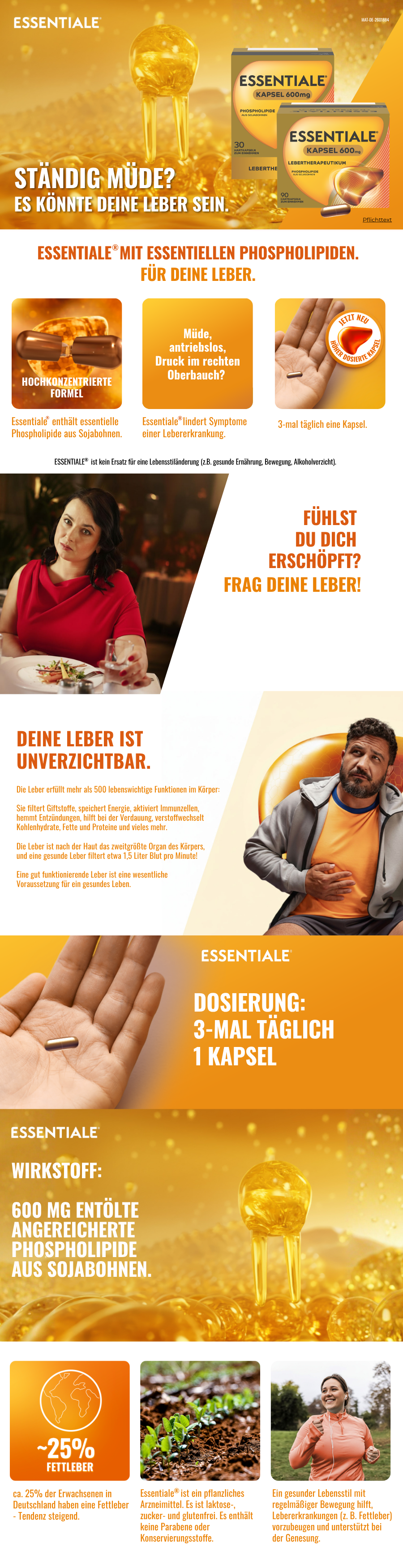Zwei Essentielle Phospholipide Kapseln vor einer stilisierten Leber. Text: Hochkonzentrierte Formel.