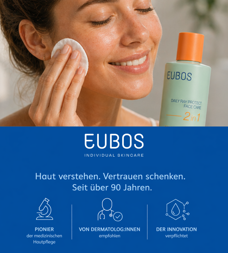 Frau mit Wattepad. Text: Haut verstehen. Vertrauen schenken. Seit über 90 Jahren.