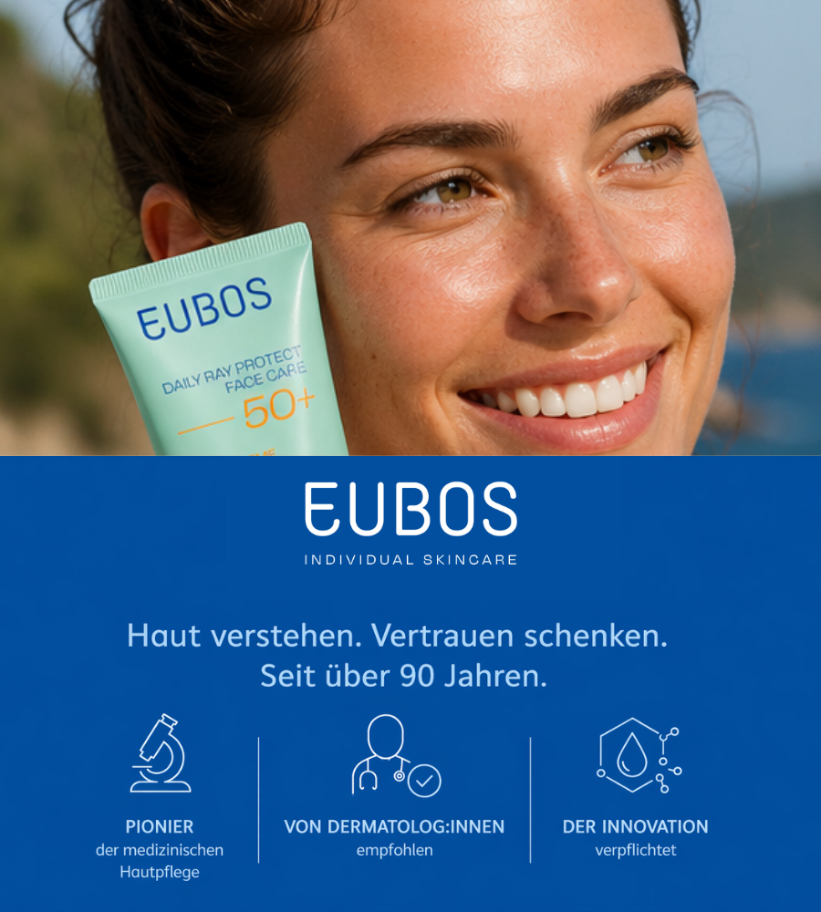 Frau mit Tube von EUBOS, Text über Hautpflege und Qualität.