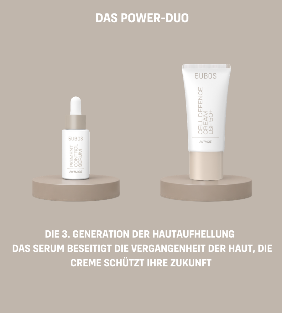 Drei Produkte. Text: Die Anti Age Pflegeroutine. Marke: EUBOS.