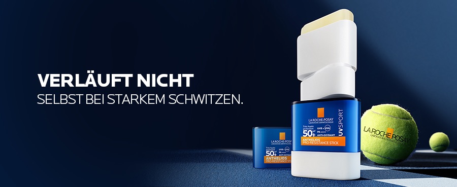 Mann beim Tennis mit La Roche Posay Anthelios UVsport Sonnenschutzstift LSF 50+ für Outdoor-Aktivitäten.