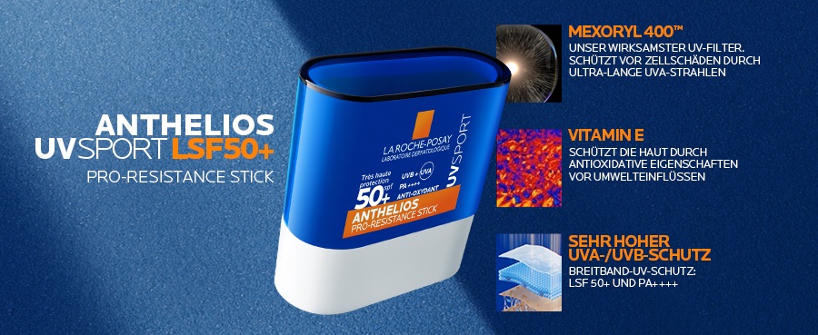 La Roche Posay Anthelios UVsport Sonnenschutzstift LSF 50+: Mexoryl 400, Vitamin E, hoher UVA/UVB-Schutz.