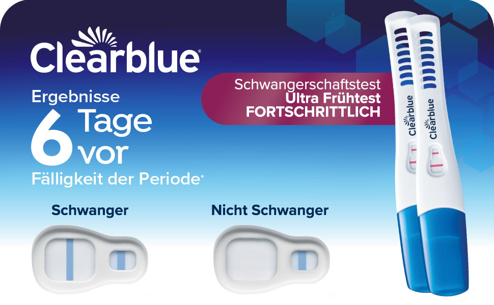 Nahaufnahme eines Clearblue Schwangerschaftstests. Text: DualSense Technologie. FSH+hCG.