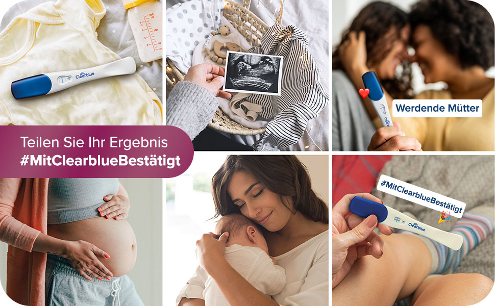 Nahaufnahme eines Clearblue Schwangerschaftstests. Text: Ergebnisse 6 Tage vor. 2 Tests.