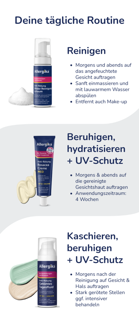 Drei Produkte: Reinigungsschaum, Creme und getöntes Tagesfluid. Text: Reinigen, beruhigen + UV-Schutz, kaschieren + UV-Schutz. Anwendungszeitraum: 4 Wochen.