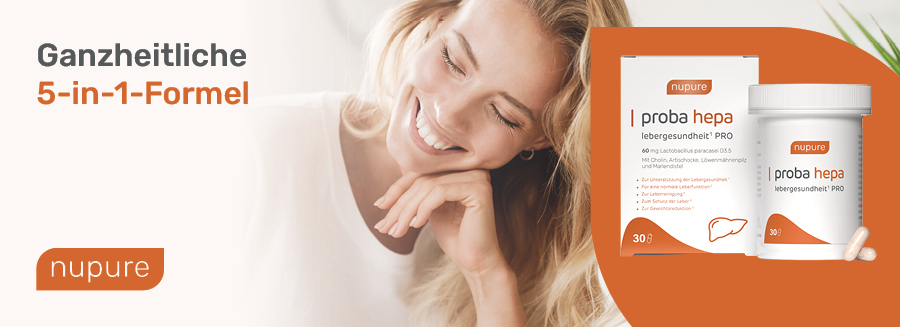 Frau lächelt. Produktverpackung, Dose und Kapseln. Text: Ganzheitliche 5-in-1-Formel. nupure.