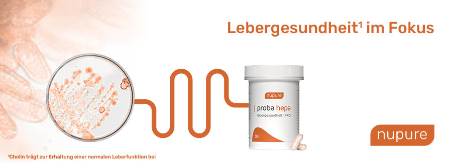 Produkt und Kapseln. Text: Lebergesundheit im Fokus. nupure. Cholin trägt zur Erhaltung einer normalen Leber bei.