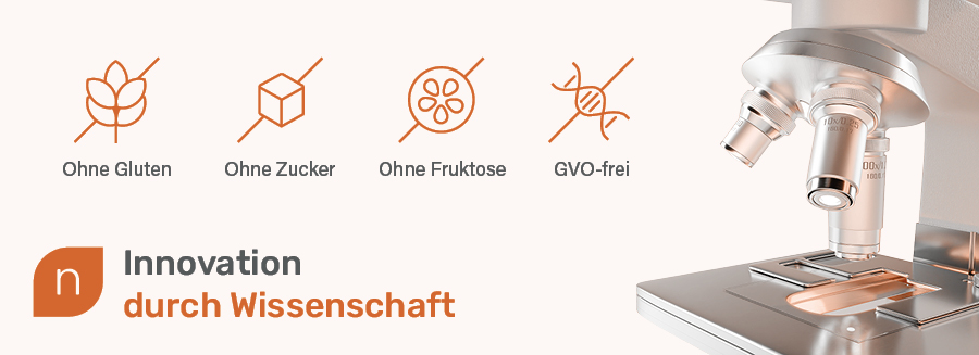 Text: Innovation durch Wissenschaft. Ohne Gluten, Zucker, Fructose, GVO-frei. Mikroskop.