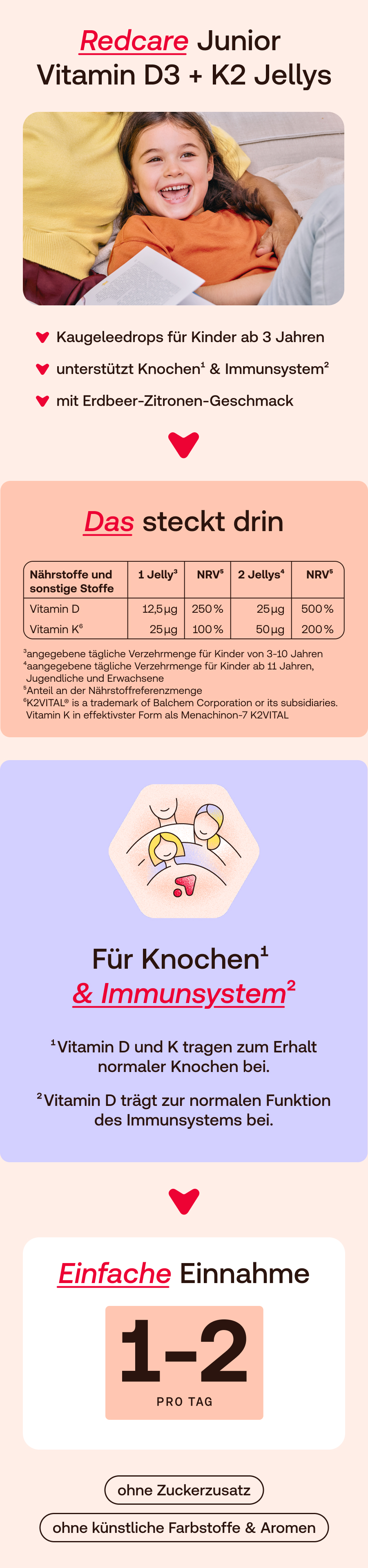 Rückseite der Verpackung von Redcare Junior Vitamin D3 + K2 Jellys. Enthält Informationen auf Deutsch.