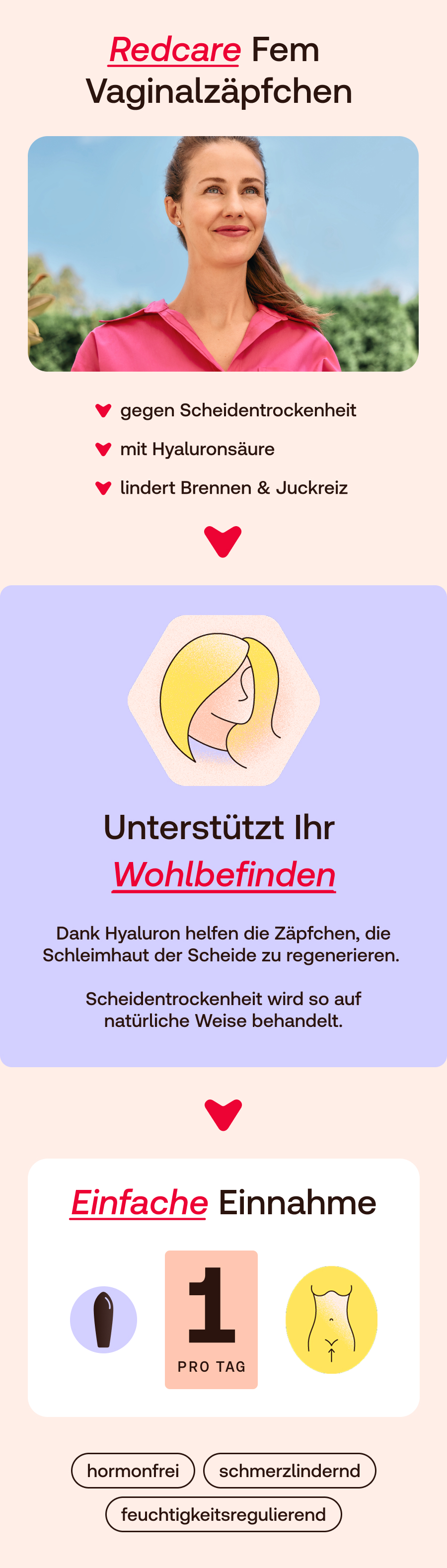 Redcare Fem Vaginalzäpfchen: unterstützt Wohlbefinden, hilft Schleimhaut zu regenerieren, hormonfrei.