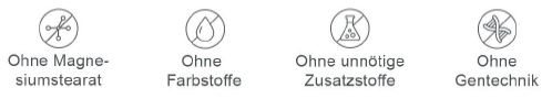 Symbole: Ohne Magnesiumstearat, ohne Farbstoffe, ohne unnötige Zusatzstoffe, ohne Gentechnik.
