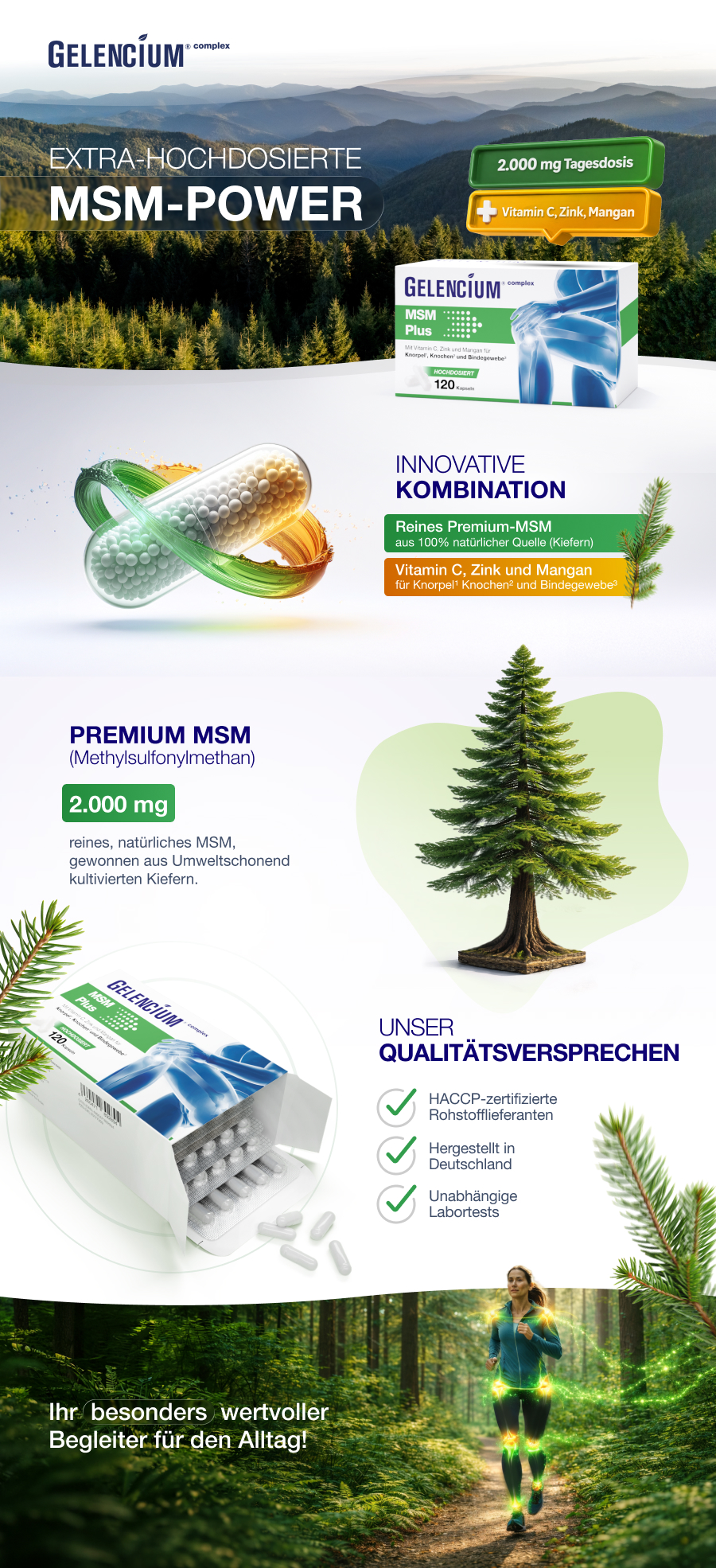 GELENCIUM® complex MSM Plus: Extra hochdosiertes MSM-Power, 2000 mg pro Tag, 100% natürlichen Ursprungs.