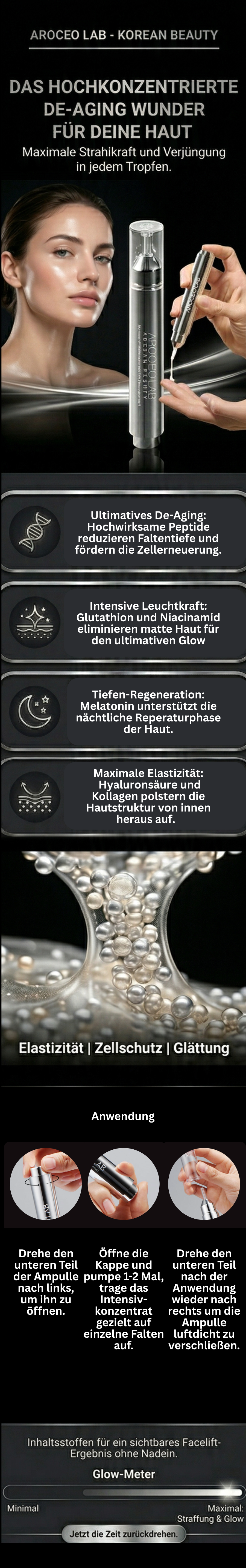 Produktabbildung mit Text. Text: De-Aging Wunder, für deine Haut, maximale Sofort- und Langzeitwirkung.